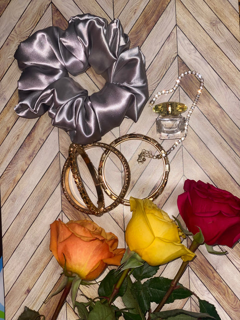 XL Silver Satin Scrunchie- Silk Satin Scrunchie, Silver Scrunchie