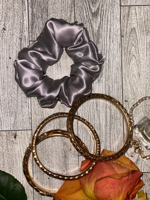 Mini Silver Satin Scrunchie- Silk Satin Scrunchie, Silver Scrunchie