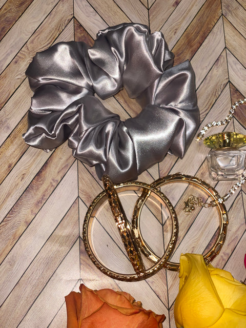 XL Silver Satin Scrunchie- Silk Satin Scrunchie, Silver Scrunchie