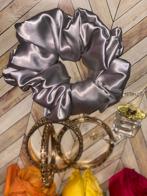 XL Silver Satin Scrunchie- Silk Satin Scrunchie, Silver Scrunchie