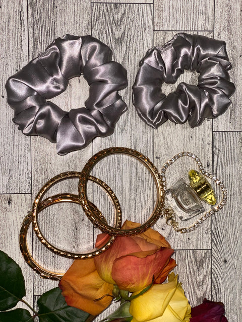 Mini Silver Satin Scrunchie- Silk Satin Scrunchie, Silver Scrunchie
