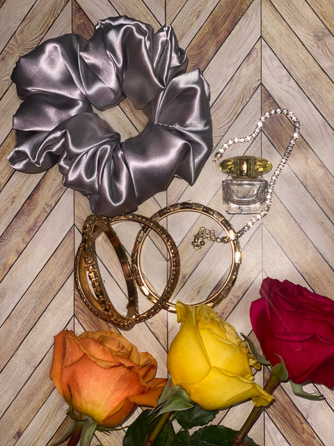 XL Silver Satin Scrunchie- Silk Satin Scrunchie, Silver Scrunchie